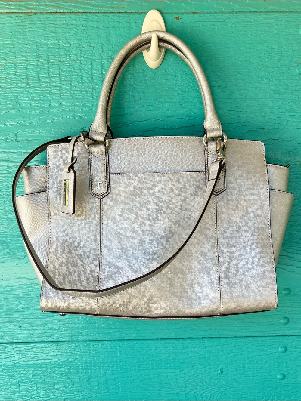 Tignanello Silver Metallic Saffiano Leather Tote RFID Shoulder Tote Bag